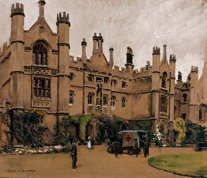 First World War: A Neo-Gothic Building Used as a Hospital, with an Ambulance in the Drive