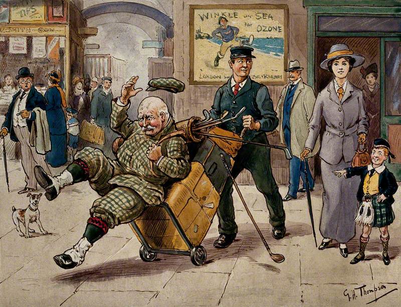 In a Railway Station: An Elderly Golfer Is Being Knocked Down by a Luggage Porter Who Is Looking at a Beautiful Young Woman