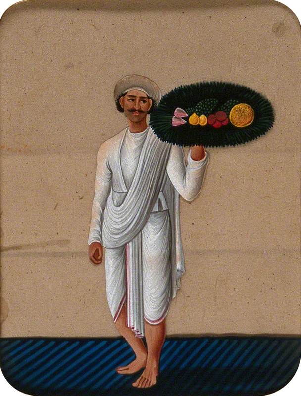 A Servant Holding Up a Platter of Fruit