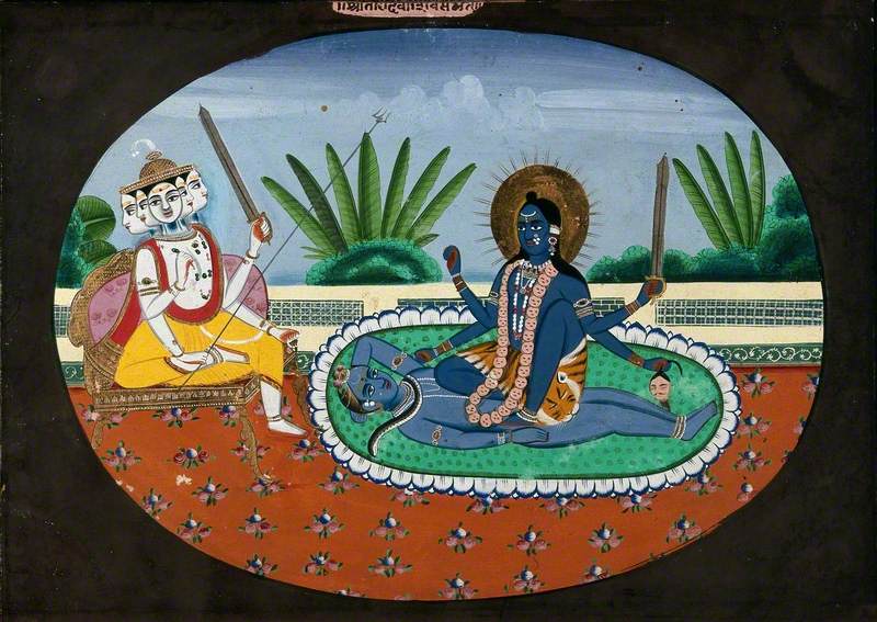 The Goddess Kali Sitting on her Consort Shiva in front of Sadashiva Sitting on a Throne