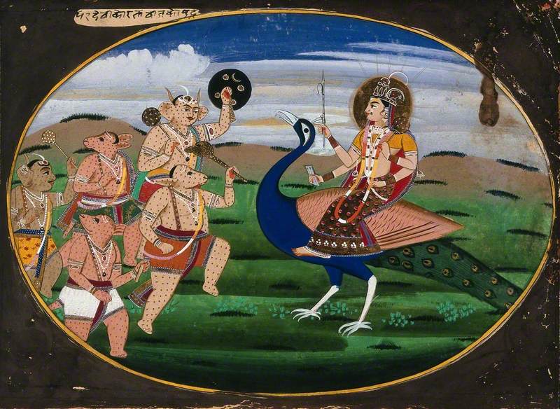 A Manifestation of Devi Seated on a Peacock Facing a Group of Demons