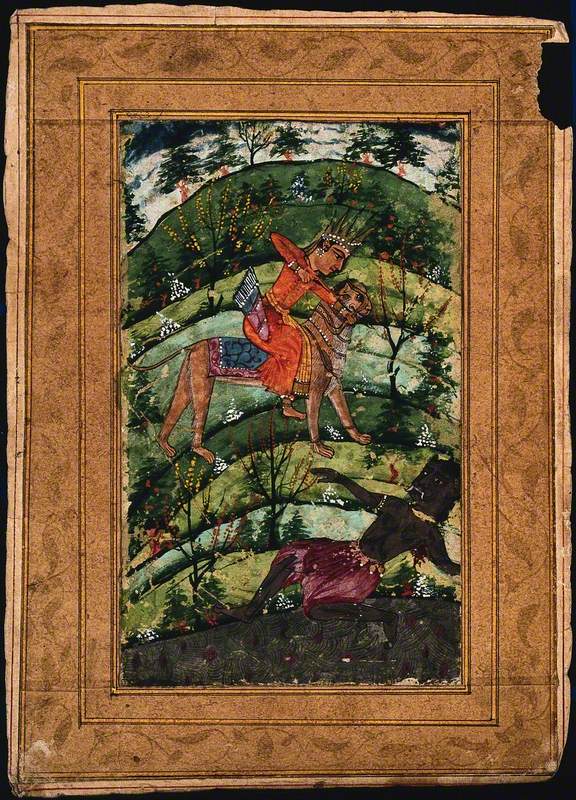 An Indian Deity Riding a Lion, Durga (?), Shoots an Arrow at a Black Demon