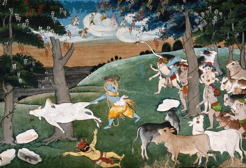 Krishna Slaying a Demon with the Aid of a Cow Is Watched by Several Cowherds and a Panoply of Indian Deities in the Distance