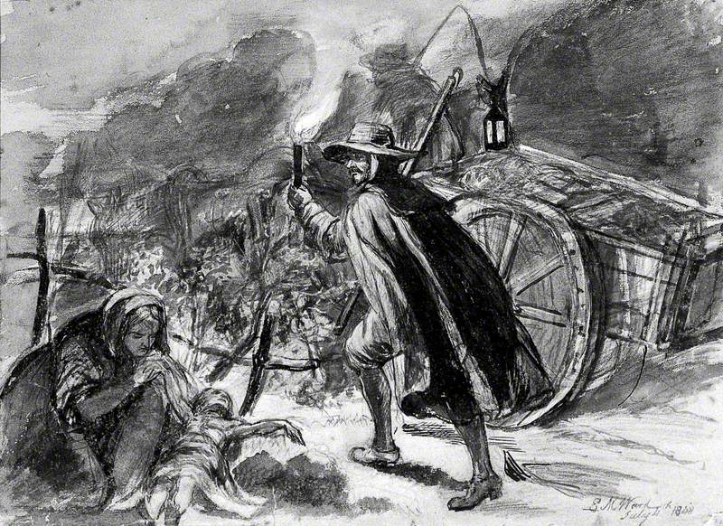 A Man with a Torch Walking alongside a Cart of Plague Victims; a Woman is Holding a Dead Child