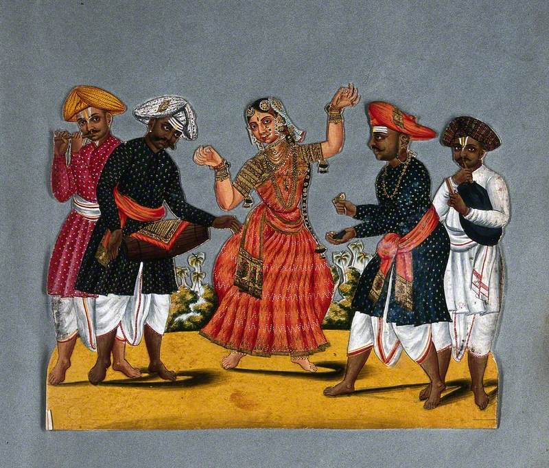 A Dancing Woman with Four Male Musicians of South India