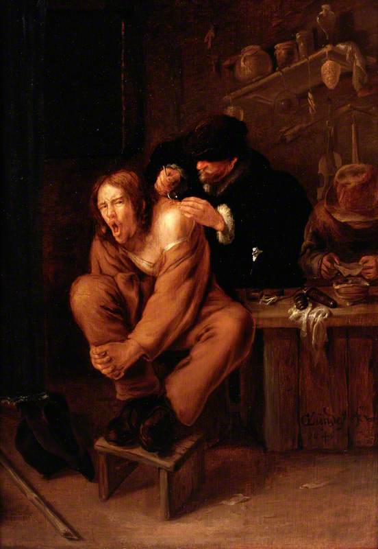 A Surgeon Applying Medicine to a Wound in the Shoulder of a Man in Pain