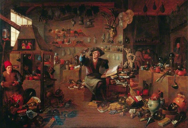 A Savant in His Cabinet, Surrounded by Chemical and Other Apparatus, Examining a Flask