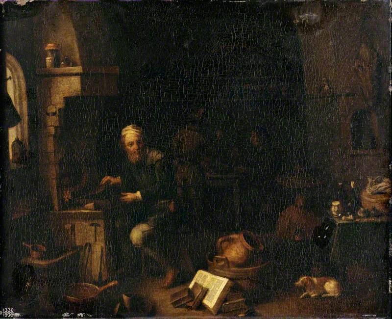 An Alchemist Seated at a Furnace, Turning Away in Thought