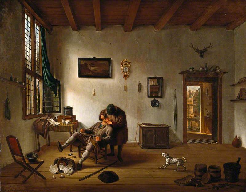 Interior of a Dutch House with an Operator Attending to a Man's Teeth