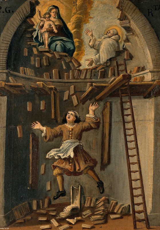 A Builder Falling from a Platform in an Apse, with Saint Bruno (?) Interceding with the Virgin and Child