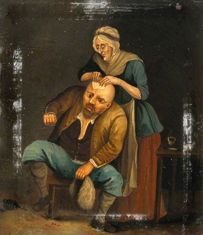 A Woman Treating a Man's Head Wound