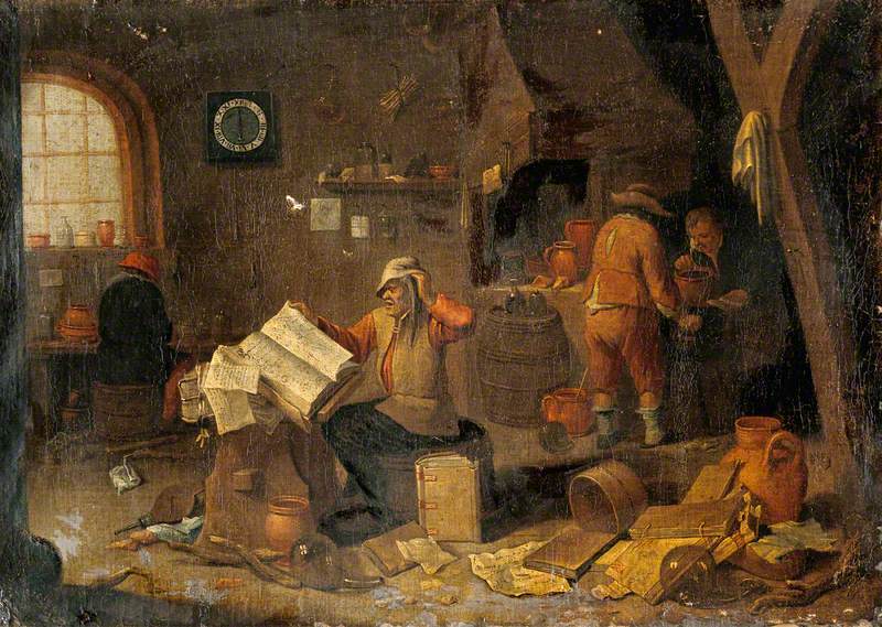 Interior with an Alchemist Seated in the Centre and His Assistants to the Left and Right