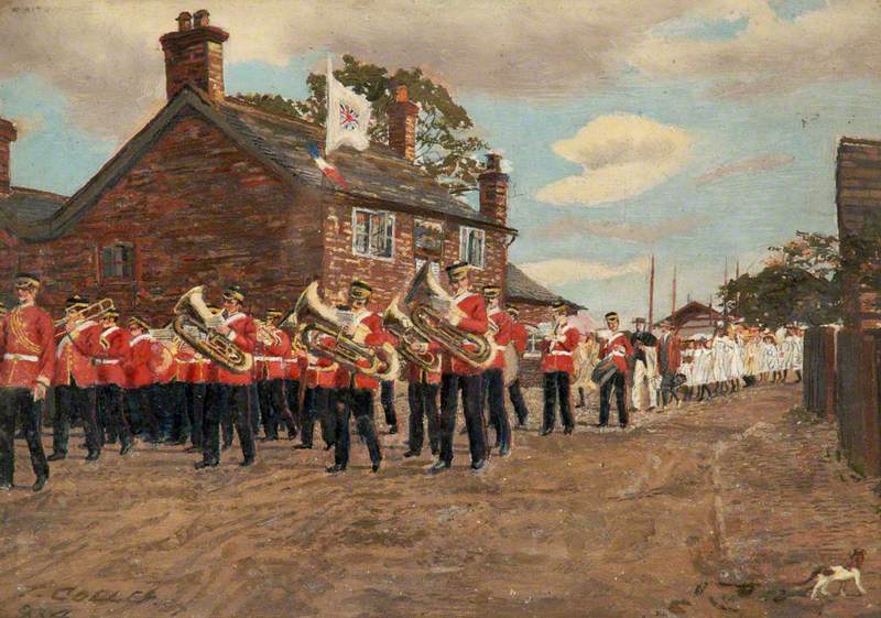 The Volunteers Band Marching Past the Greyhound Public House in Altrincham