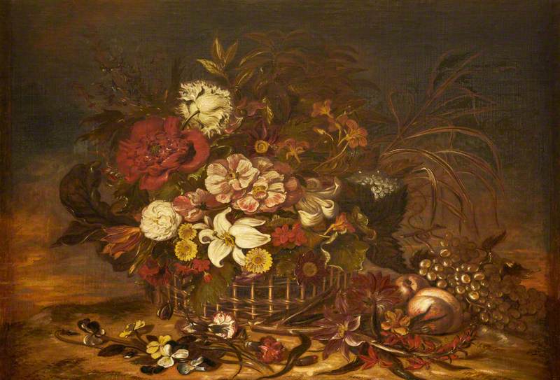Flowers in a Basket with Fruit