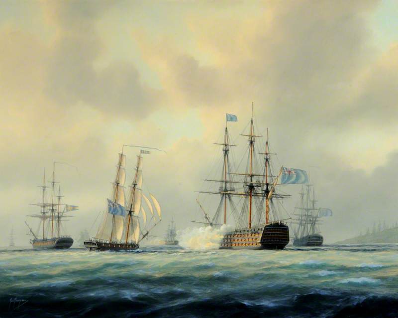 Squadron off Nargue Island, Vice-Admiral Saumarez and His Flagship 'Victory' Giving a Seven-Gun Salute to the Swedish Brig-Sloop 'Rose' with Baron Platen about to Confer the Grand Cross of the Military Order of the Sword on Vice-Admiral Saumarez, 23 July 1809