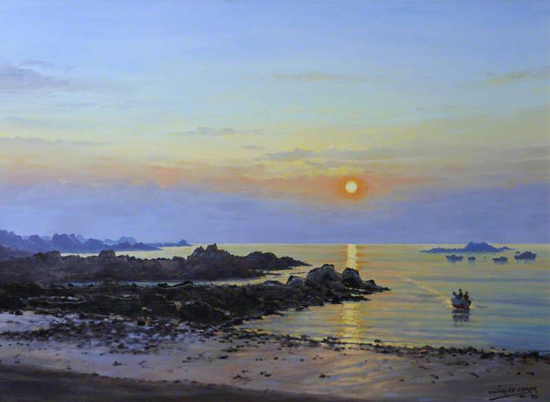 Guernsey Seascape at Sunset with a Small Boat