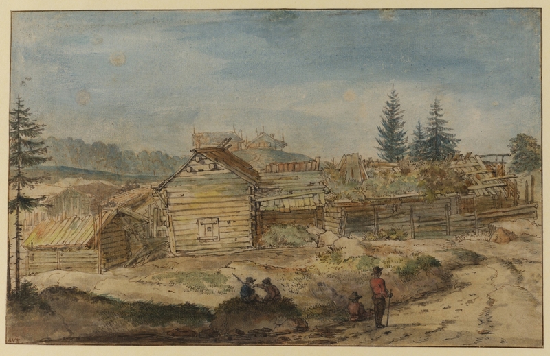 Scandinavian Landscape, with Log Huts, and Figures on a Road