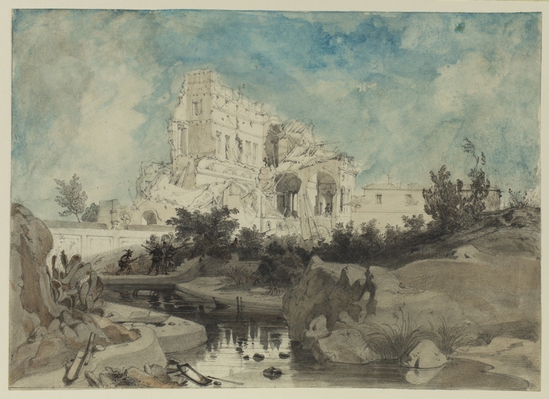 Ruined Palace with Derelict Garden in Foreground, with Figures Armed with Rifles and Shooting