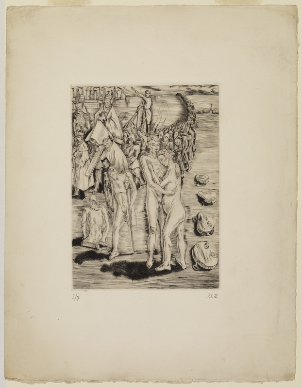 Male and Female Nude Embracing before a Procession