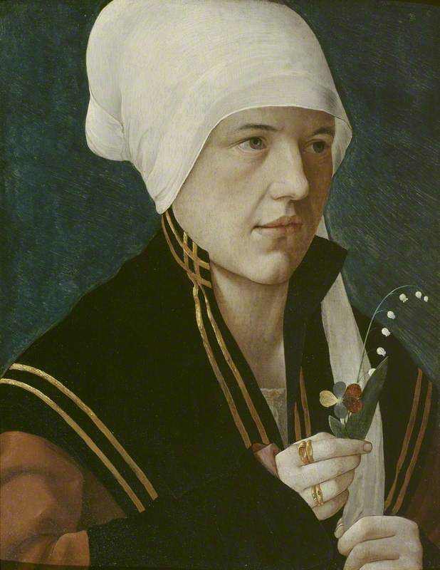 A Woman Holding a Lily-of-the-Valley and a Pansy