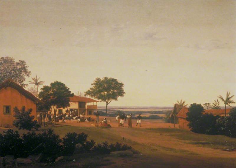 Brazilian Village with Buildings and Native Figures