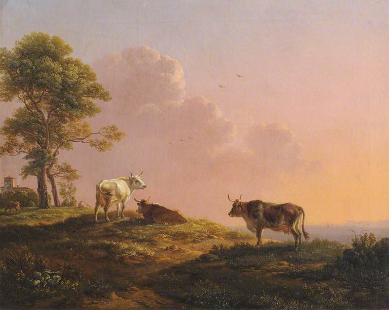 Cows and a Tree on the Crest of a Hill against a Sunset