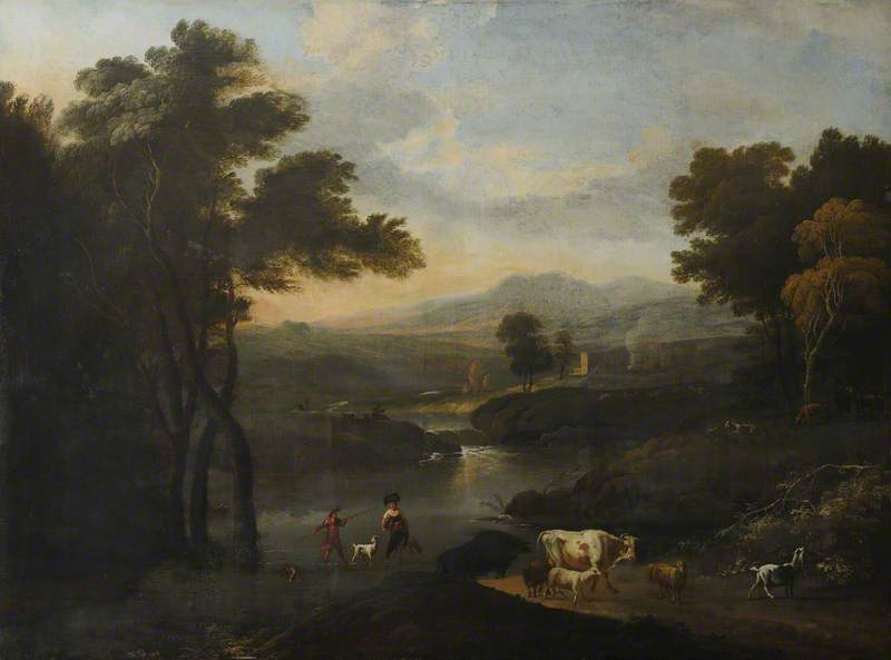 Italianate River Landscape, with Countryfolk at a Crossing with Livestock
