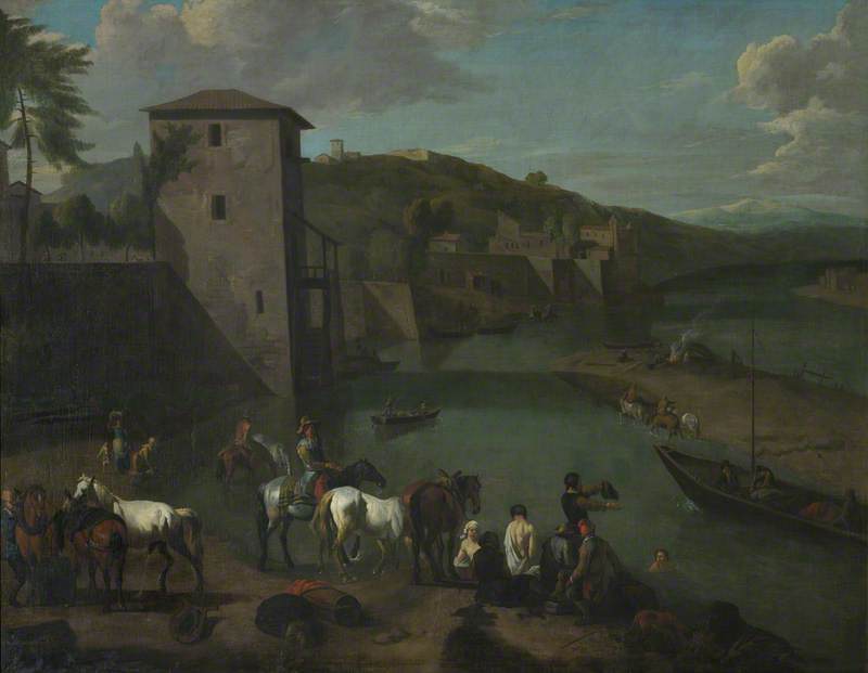 A Riverside Town with High Embankment Walls, Figures Bathing and Traders with their Horses on the Mudflats