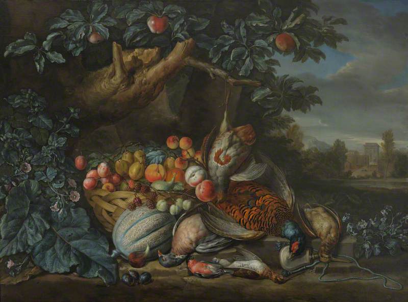 Dead Game and a Basket of Fruit in a Woodland Setting