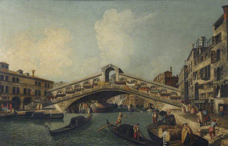A Busy Canal Scene by the Rialto Bridge