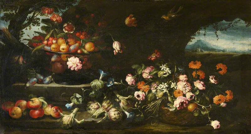 Still Life with a Bowl of Flowers in a Basket and a Distant Landscape