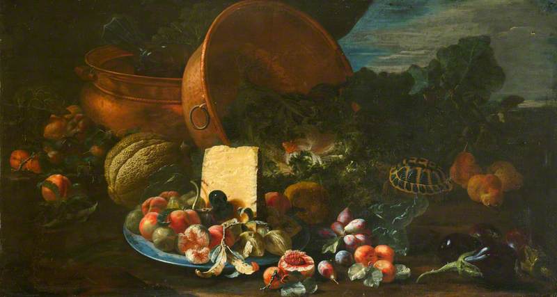 Still Life with Copper Pots, Melon, Tortoise and a Wedge of Cheese
