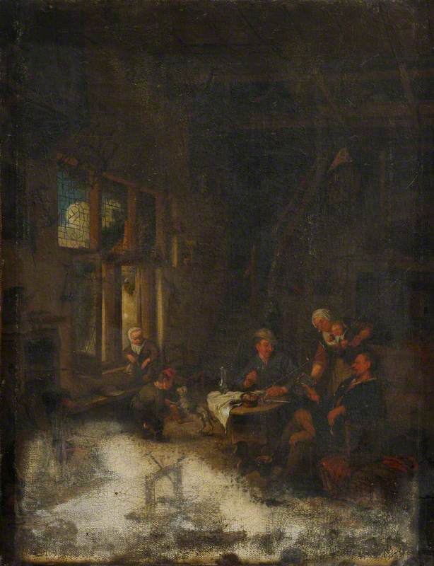 An Interior with a Family Meal, Children Playing with a Dog before a Window, Stairs Beyond