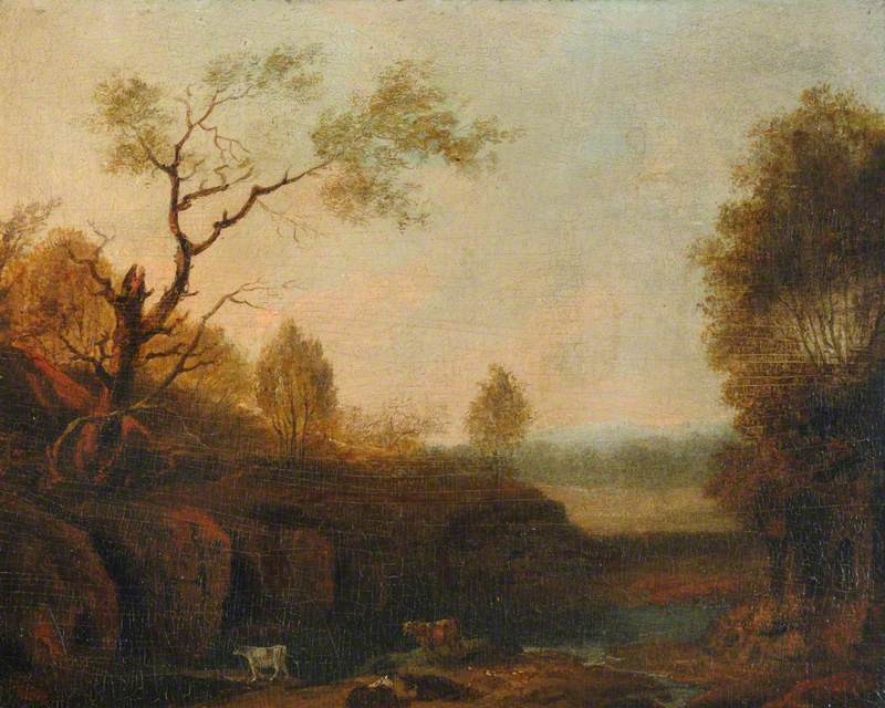 Rocky Wooded Scene with Cattle
