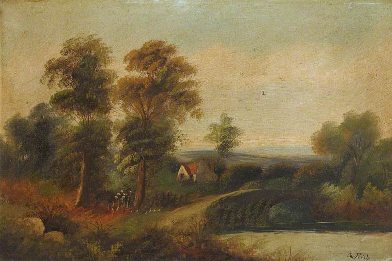 Landscape with Cottage, Country Lane, Trees and River