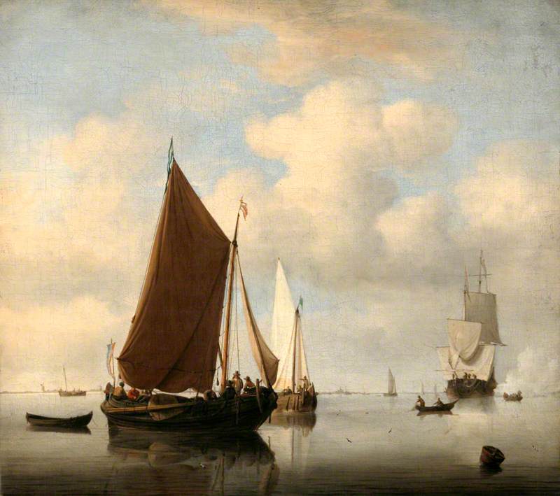 A Calm Sea with Two Fishing Boats, a Man of War Firing a Salute Beyond