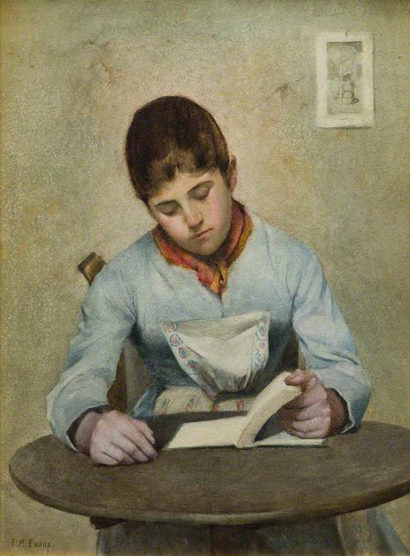 Young Girl Seated at a Table Reading a Book