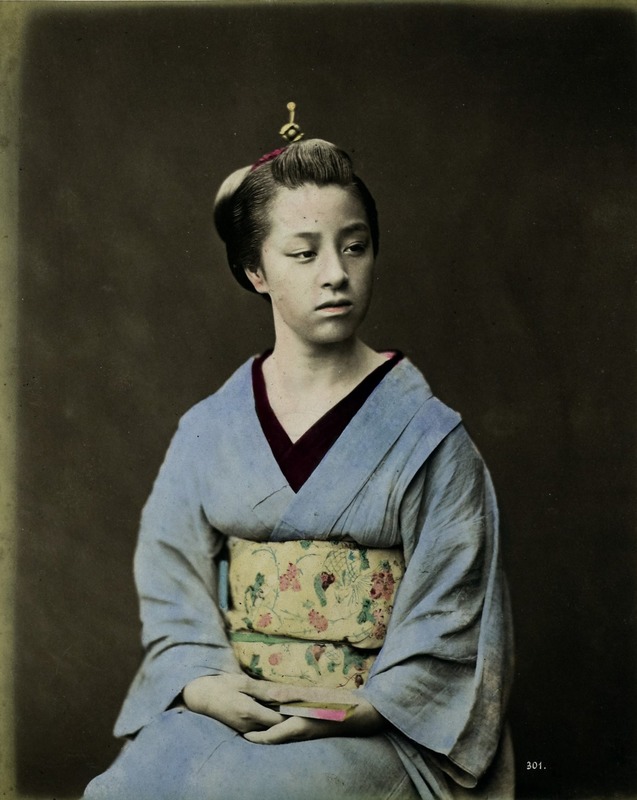 Young Woman in a Blue Kimono Holding a Fan from the Album 'Views and Costumes of China and Japan' (Vol. 1)