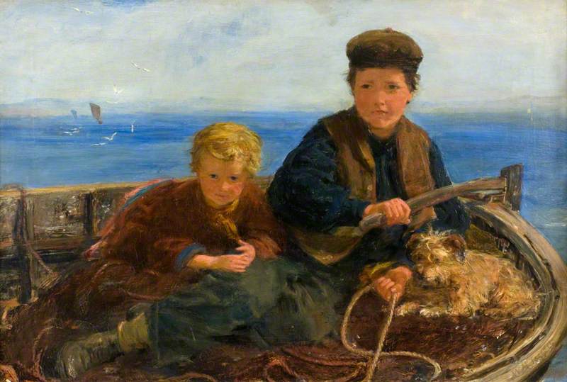 Two Boys and a Dog in a Boat