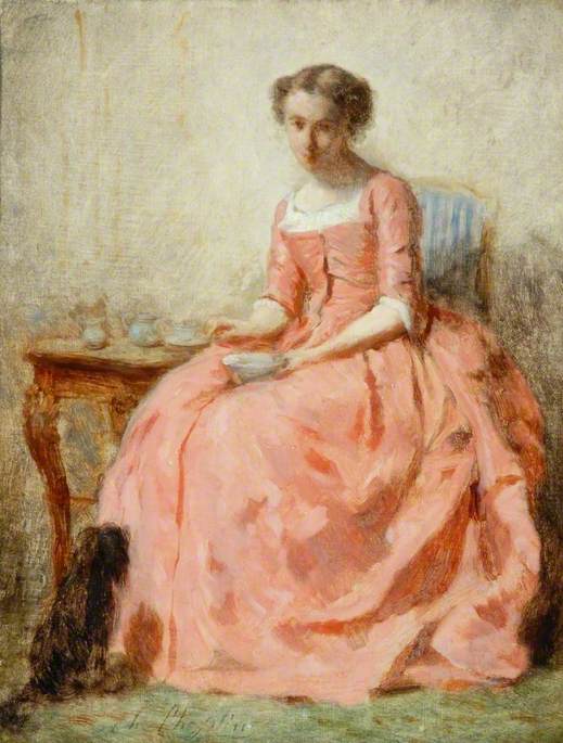 Girl in a Pink Dress Sitting at a Table with a Dog