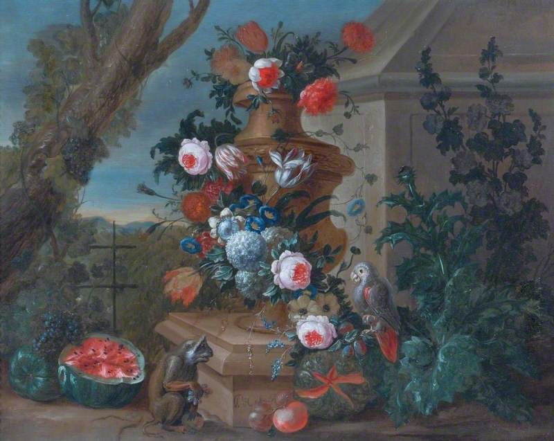 A Stone Vase of Flowers with a Parrot, a Monkey and Fruit