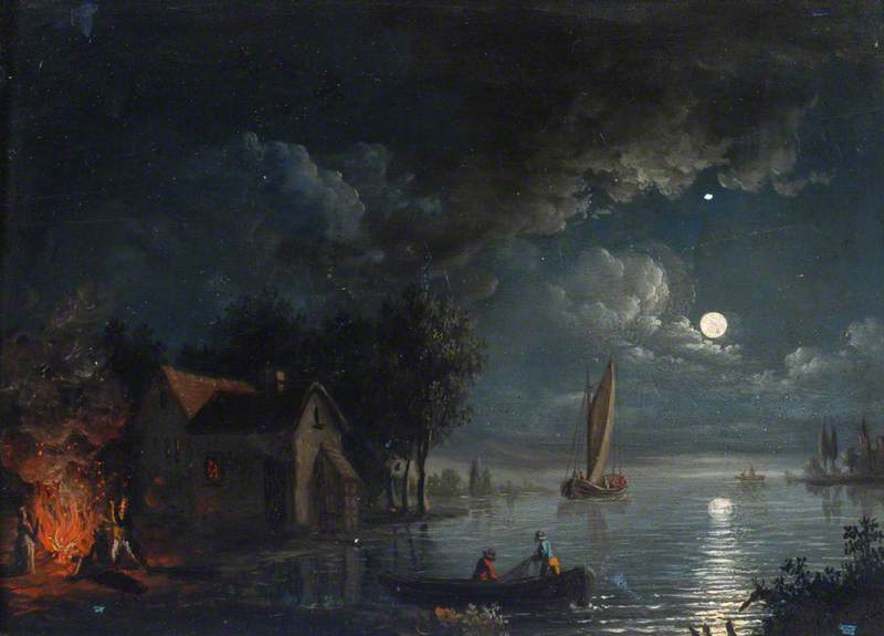 River Scene with a Bonfire, Moonlight