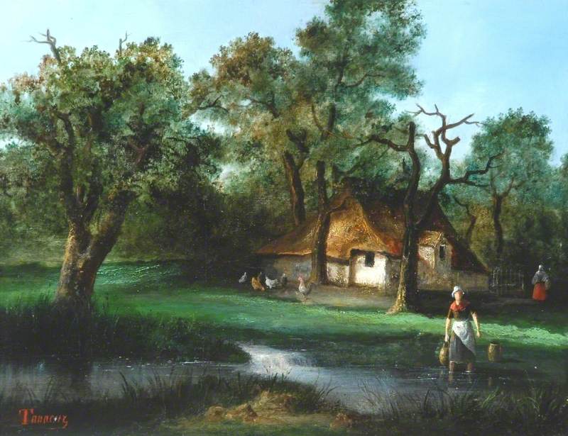Wooded Landscape with Farm Buildings and a Woman Drawing Water