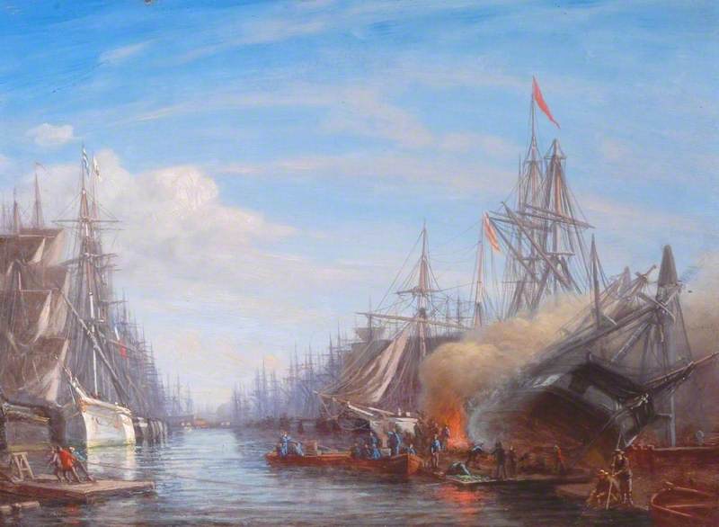 Two Lines of Ships, One Ship Ablaze for Breaming