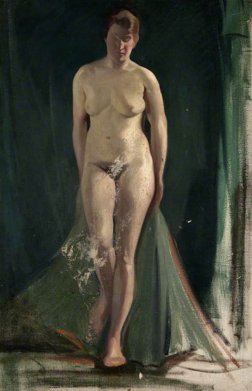 Standing Female Nude with Green Drapes