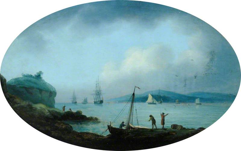 View across Plymouth Sound from Barbican, Devon (Sutton Pool towards Drake Island with Mount Edgecumbe beyond)