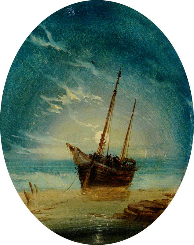Ship on a Beach by Moonlight
