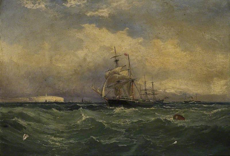 Dismasted Sailing Ship off Chalk Cliffs