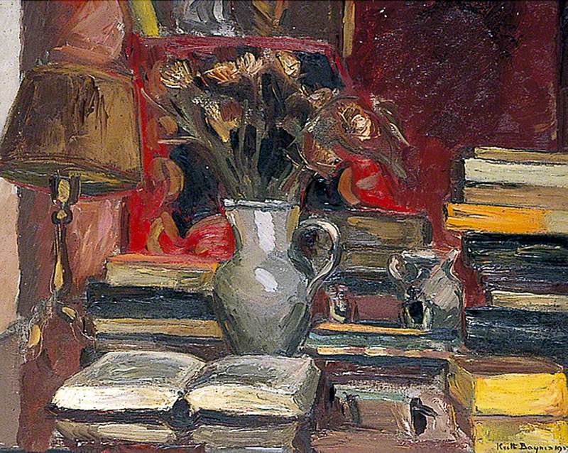 Still Life with Books, a Lamp and Jug of Flowers