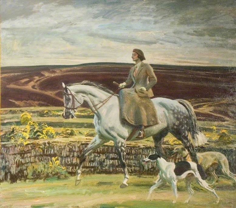 Lady Munnings Riding a Grey Hunter ('Magnolia') Side-Saddle, with Her Dogs on Exmoor